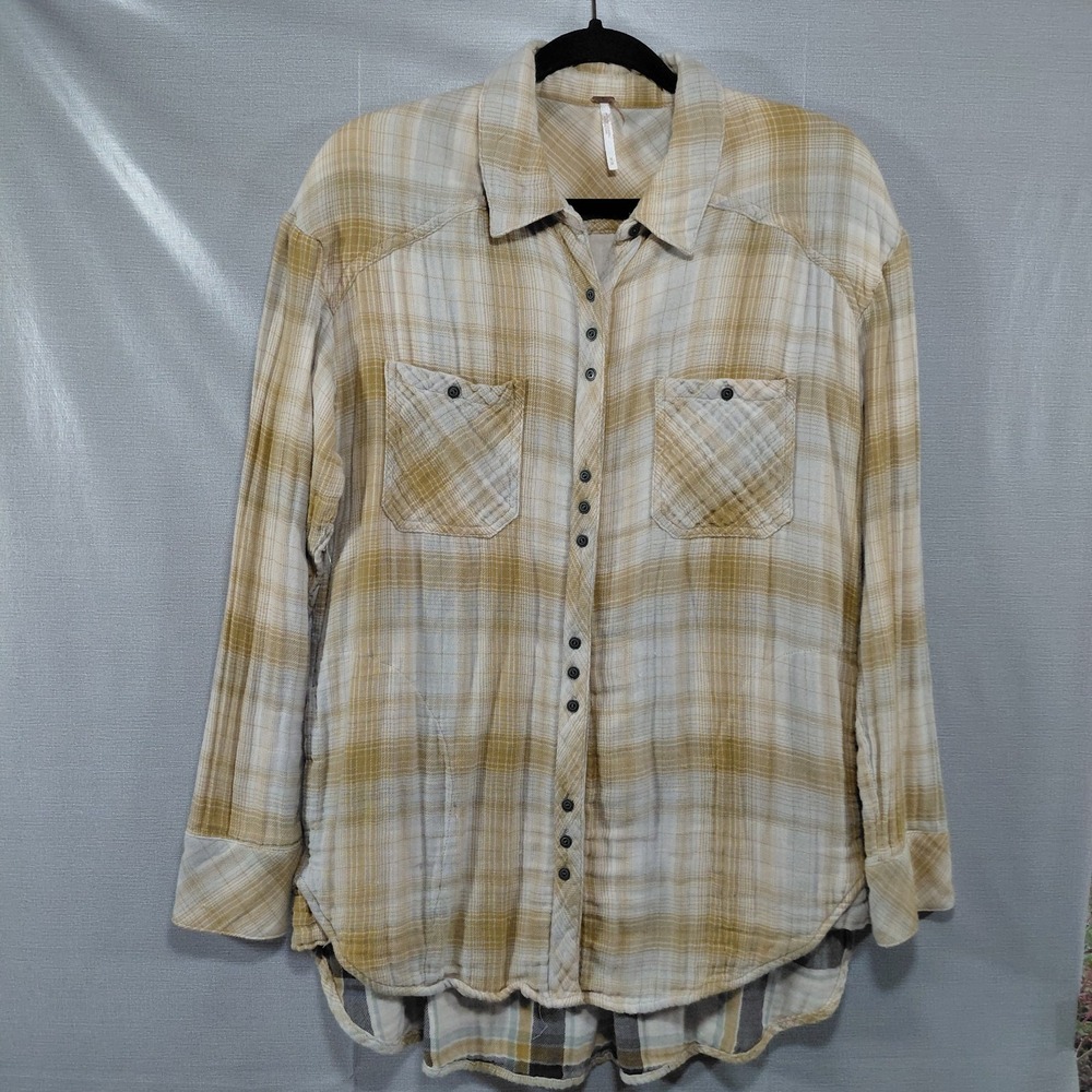 Free People Yellow & Cream Plaid Button Up Shirt Women's Med Long Sleeve Pockets